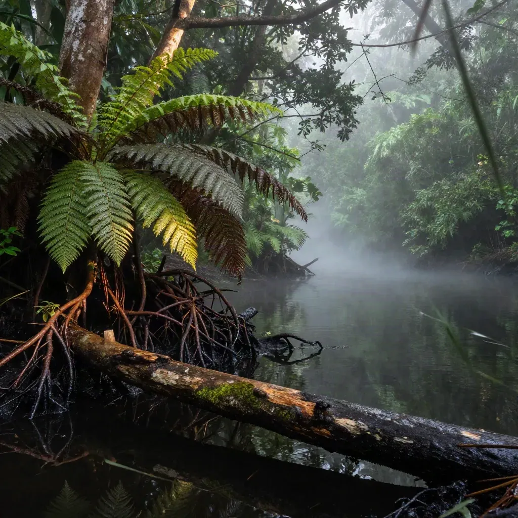 Inlet berkabus di Hutan Belum dengan air hitam, akar terdedah dan paku pakis hijau