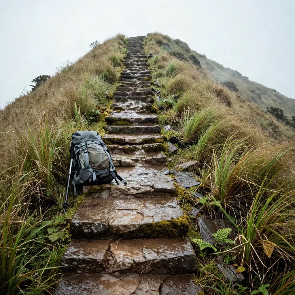 Laluan bukit berkabus dengan tangga batu, beg galas dan kayu trekking di tepi laluan