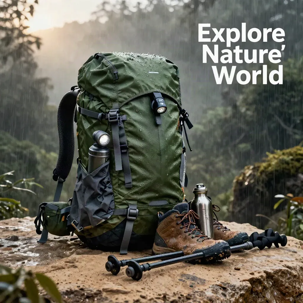 Beg trekking kalis air di atas batu pasir dengan but dan peralatan mendaki basah selepas hujan.