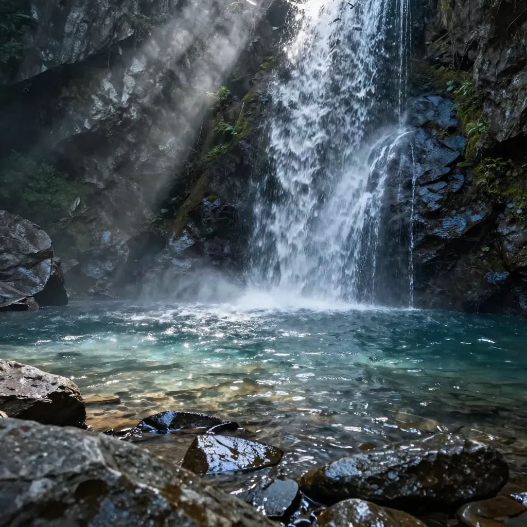 Kolam air terjun keluarga yang tenang dengan batu licin dan air jernih