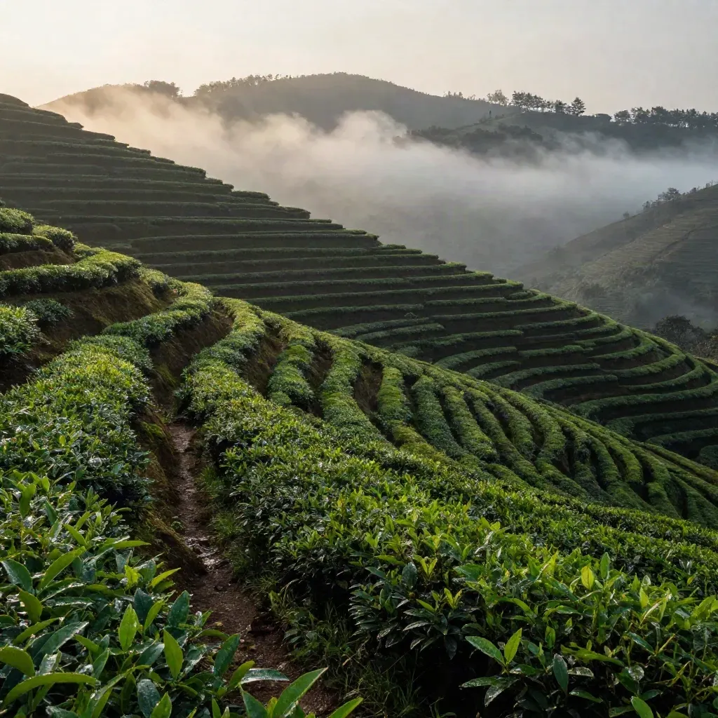 Ladang teh Cameron dari sudut tinggi dengan laluan sempit dan kabus pagi.