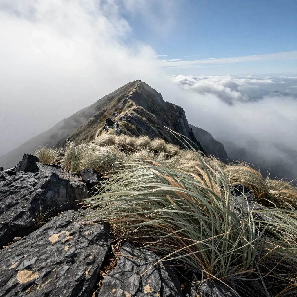 Pemandangan puncak Gunung Jerai dengan rumput ditiup angin dan lautan awan di bawah.