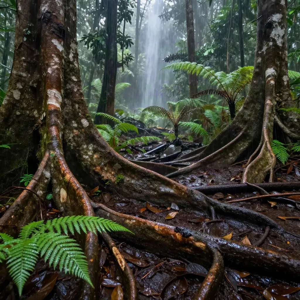 Akar papan hutan Maliau Basin selepas hujan, tanah lembap dan air terjun jauh di belakang.