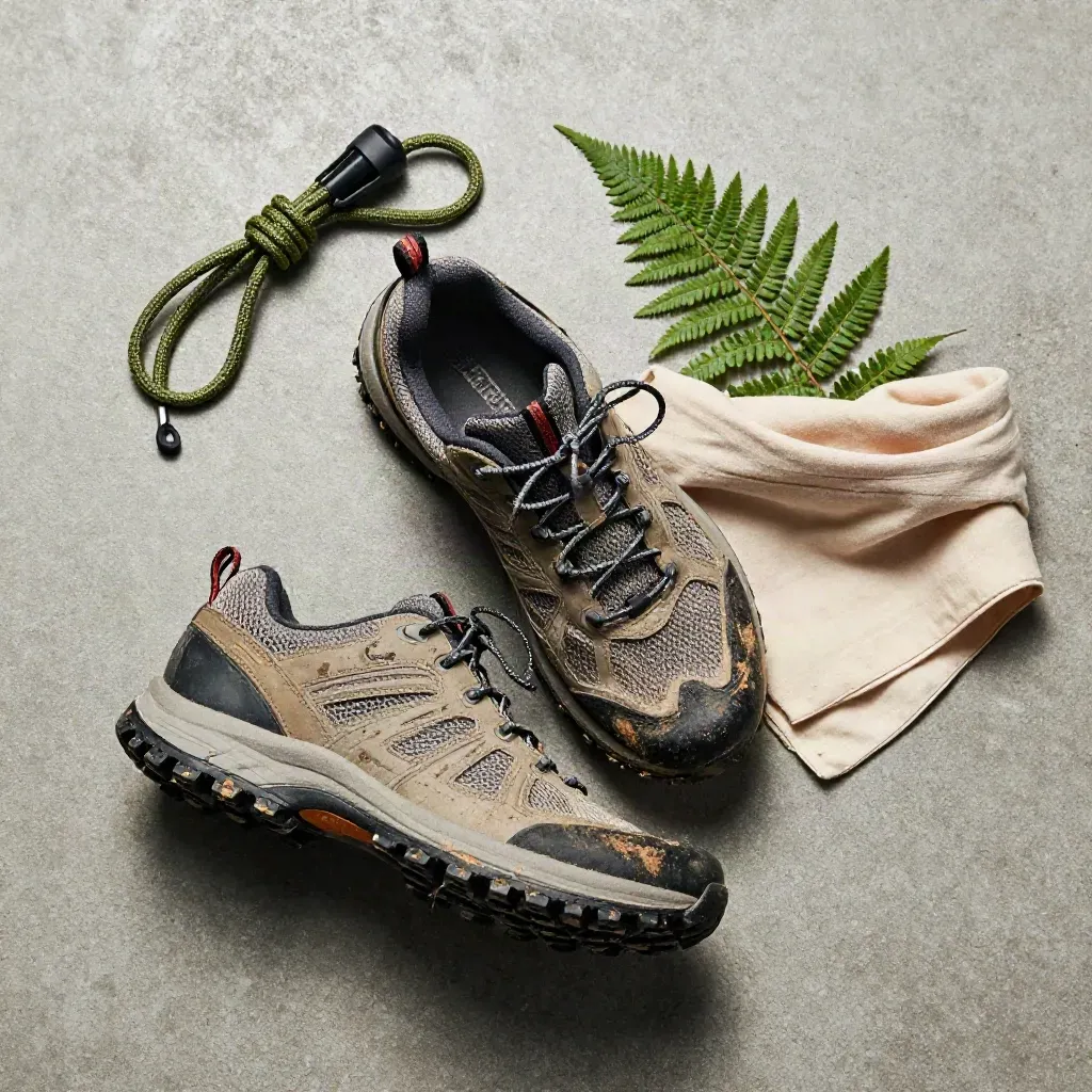 Sepasang kasut denai berlumpur dengan paracord, bandana dan pucuk paku.