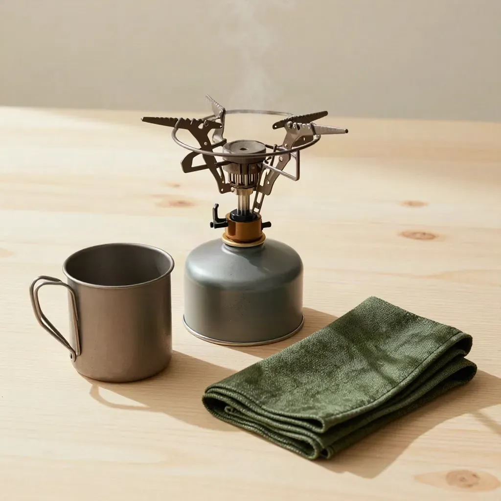 Kompor khemah dengan mug titanium dan kain lipat di atas kayu cerah.