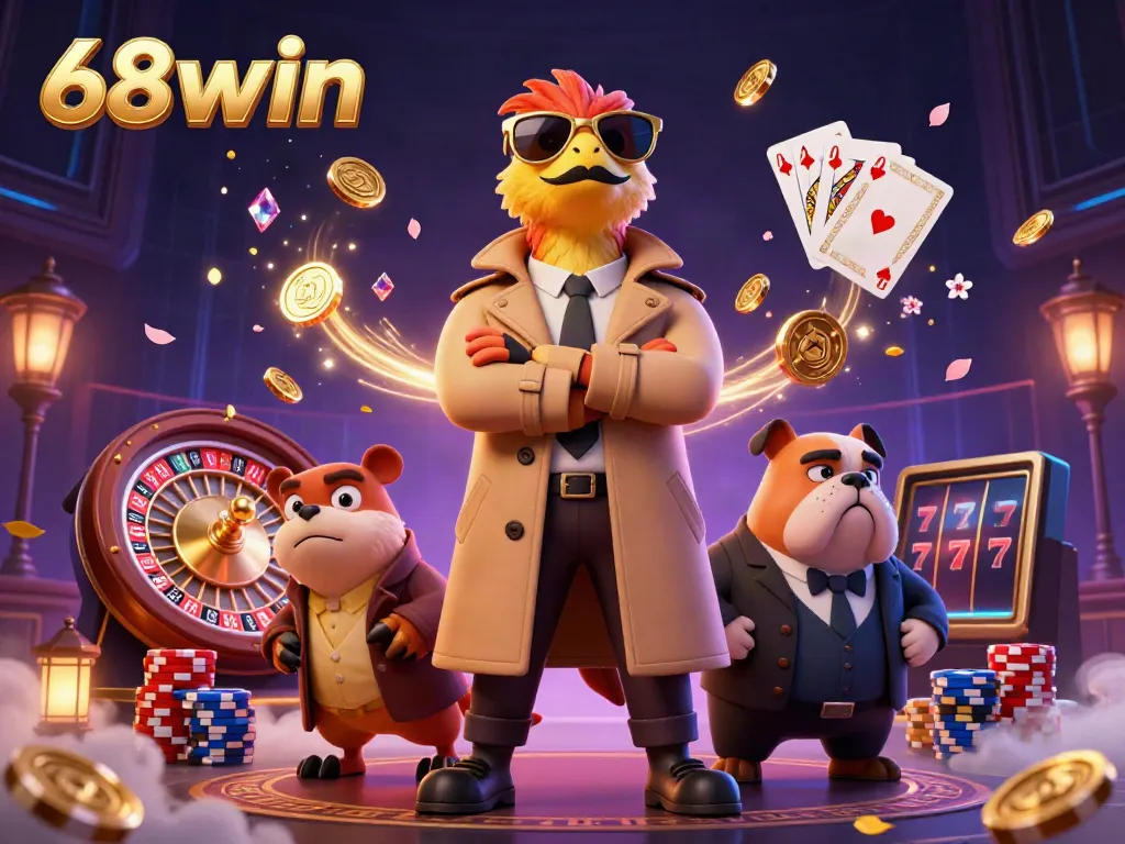 Experience the thrill of 68win with raptors in a trench coat entering a VIP casino, surrounded by rich gaming elements.