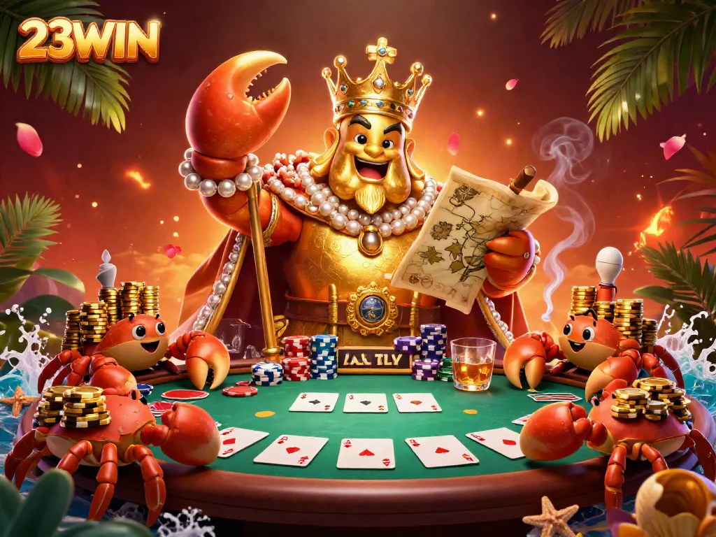 Experience thrilling action at 23WIN with a golden crab emperor presiding over poker chips and community cards.