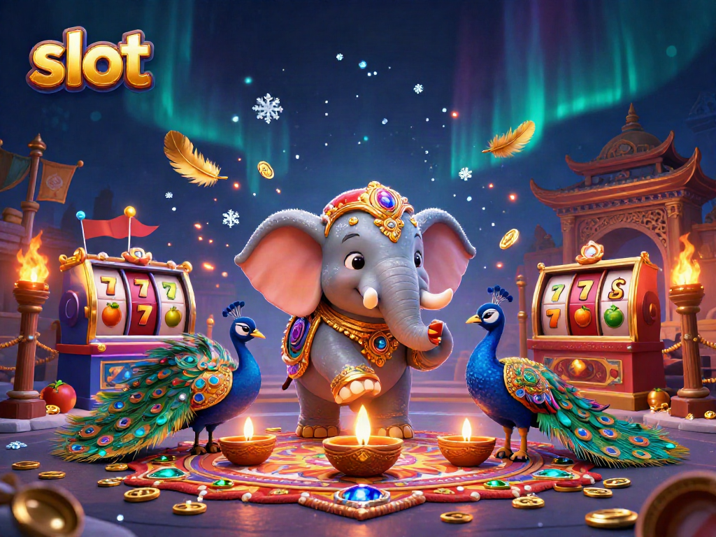 Spin the slot reels with vibrant symbols featuring a Diwali-themed elephant and peacock.