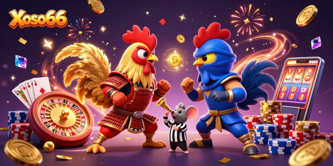 Xoso66 players enjoy a dramatic rooster duel illustrating competitive gaming energy in a vibrant casino setting.