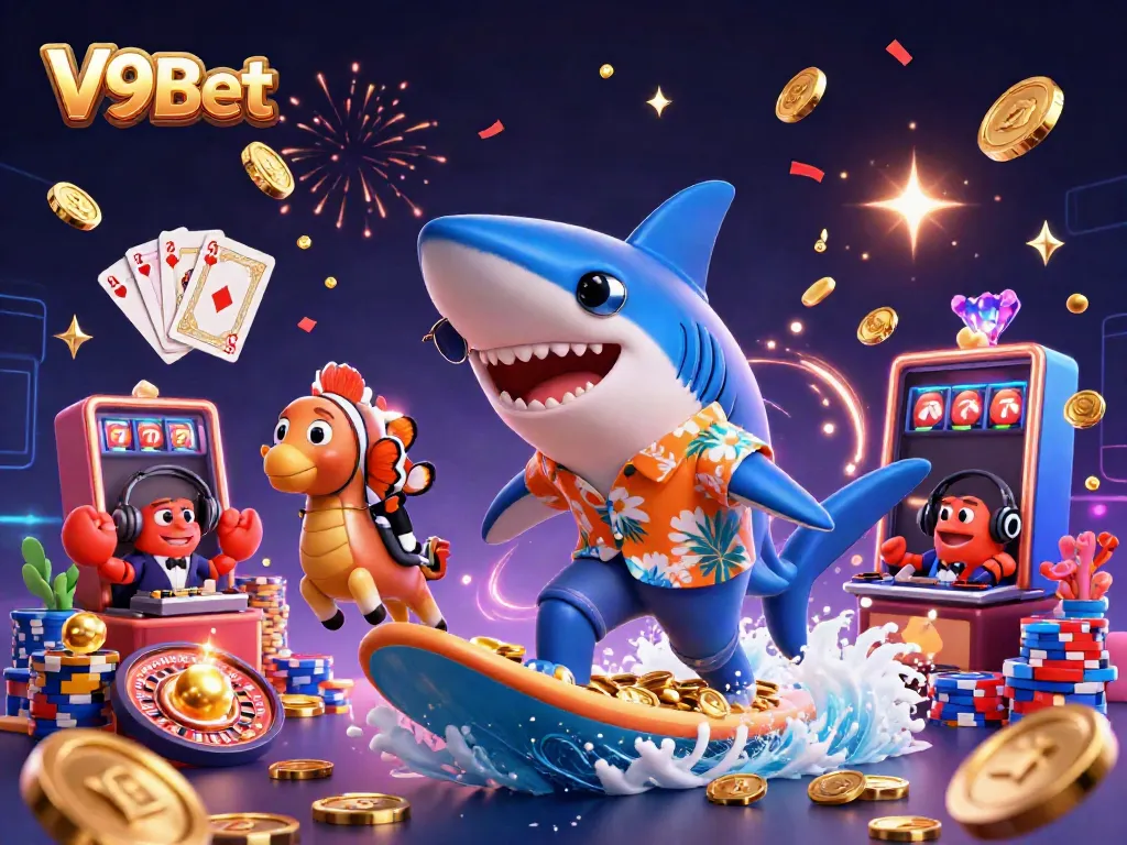 Experience excitement with V9Bet's vibrant cartoon scene featuring casino characters and elements.