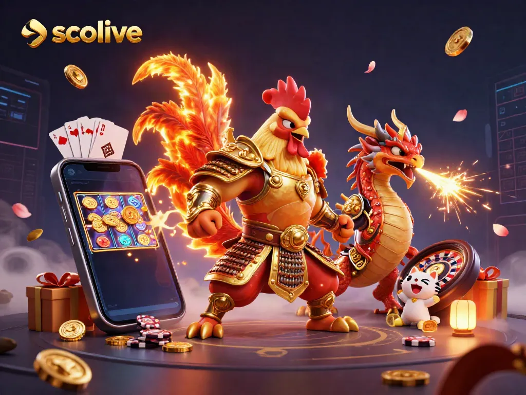 Socolive features a dynamic scene with a rooster warrior and dragon hatchling amidst vibrant gambling elements.