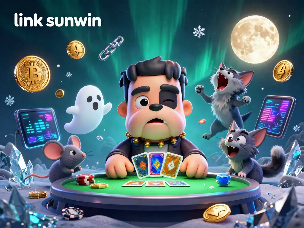 Engage with the exhilarating world of online gaming with link sunwin featuring vibrant characters dealing cards and floating crypto elements.