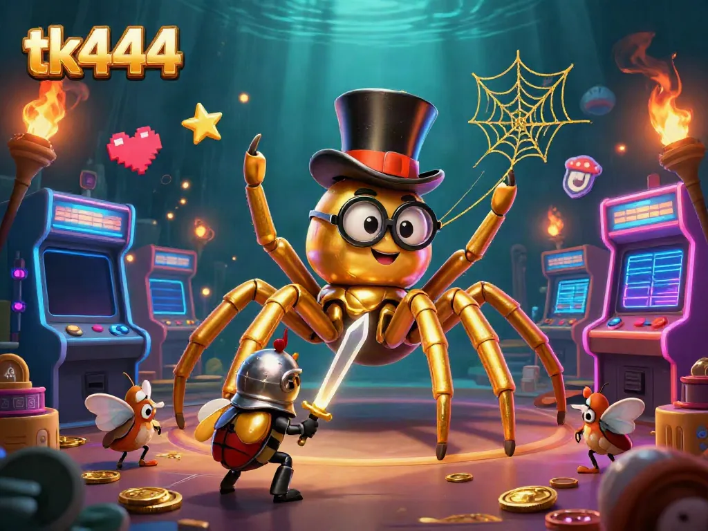 Join the adventure at tk444 with a golden tarantula weaving a web among casino pillars, attracting eager gamers.