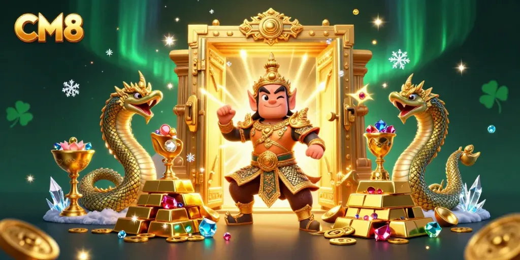CM8 features a vibrant 3D illustration showcasing a temple guardian and Naga serpents amid golden treasures, emphasizing casino excitement.