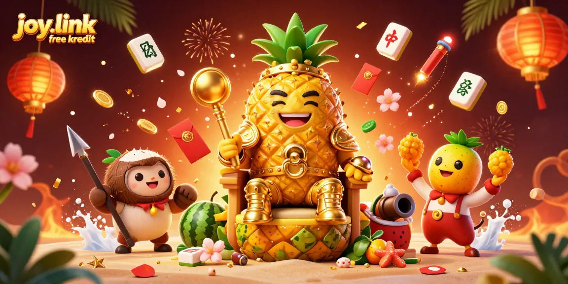 Experience joy.link free kredit at a vibrant beach casino bustling with lucky symbols and fireworks.