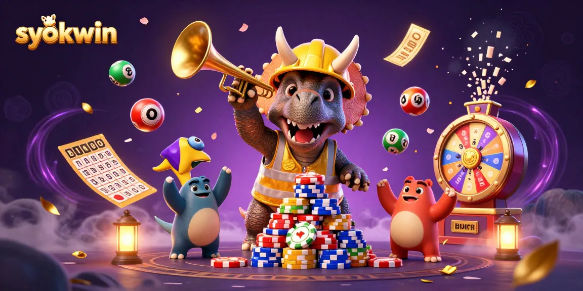 Engage with syokwin's vibrant casino scene featuring a joyful triceratops building poker chips.