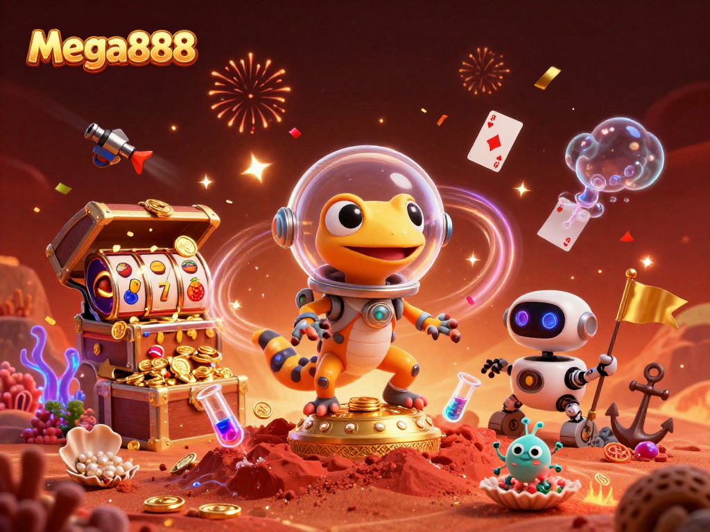 Slot mega888 menarik di kasino berbentuk planet merah dengan harta karun.
