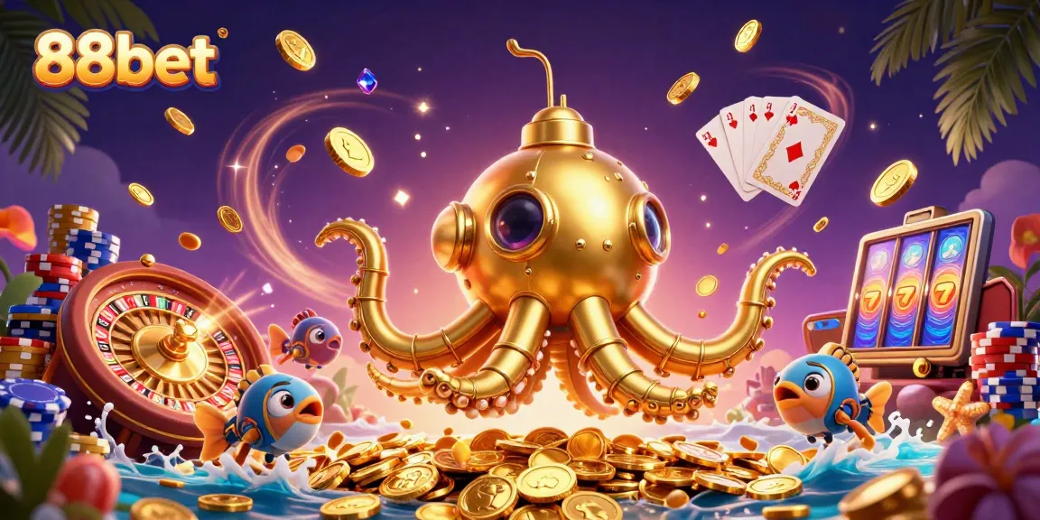 Experience the thrill of 88bet with a fantasy illustration of a golden kraken submarine navigating a sea of coins.