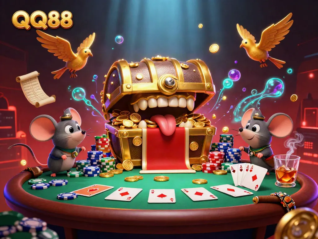 Experience the thrill of QQ88 with a vibrant, dynamic casino-themed digital illustration.