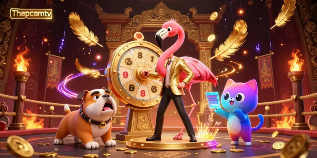 Experience high-energy sports action with Thapcamtv in a vibrant 3D illustration featuring a game show host and contestants.