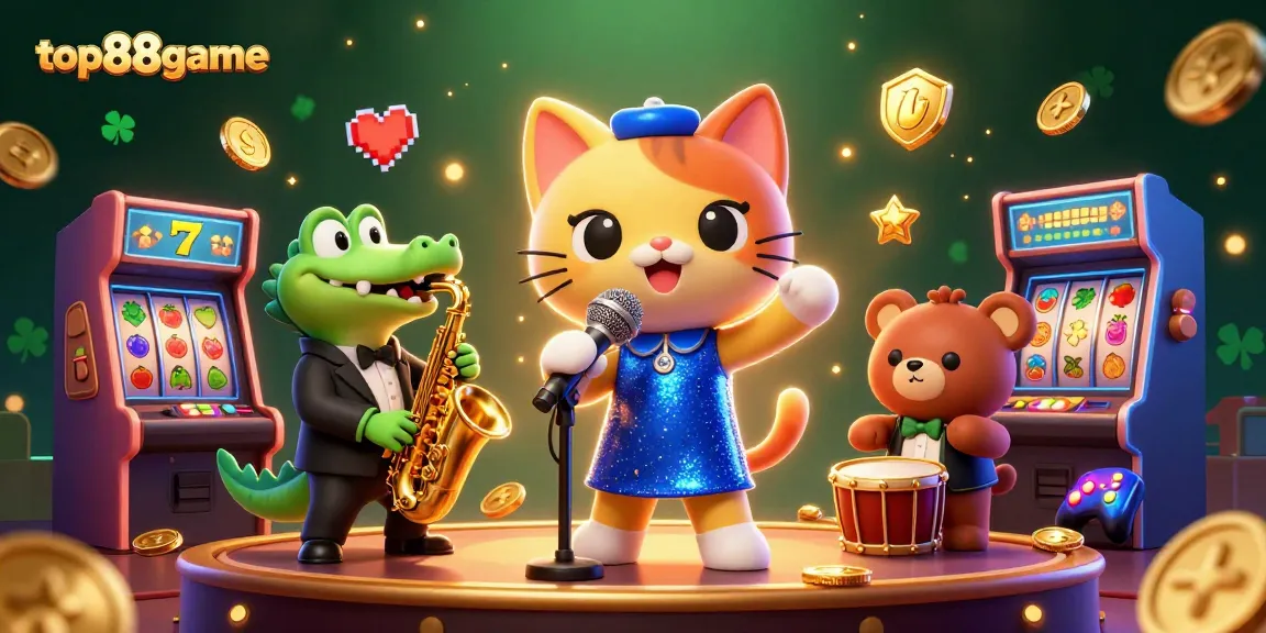 Celebrate wins at top88game with a vibrant 3D casino scene featuring singing cats and colorful gaming elements.