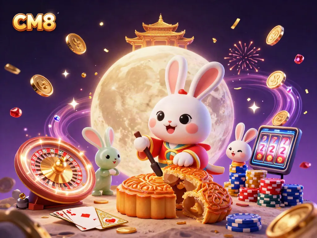 CM8 casino games illustration featuring a moon rabbit cracking mooncakes revealing poker chips amidst gold coins and cards.