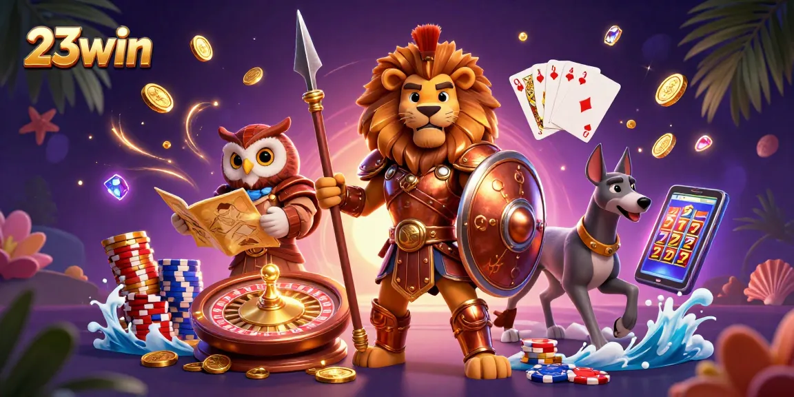 Play slots and win at 23win with a vibrant casino illustration featuring dynamic game elements.