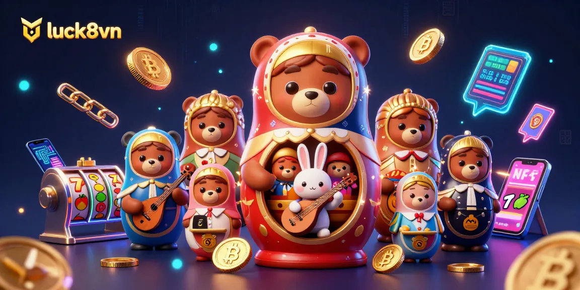 Experience excitement with luck8vn as bears and a rabbit celebrate casino thrills with neon crypto elements.