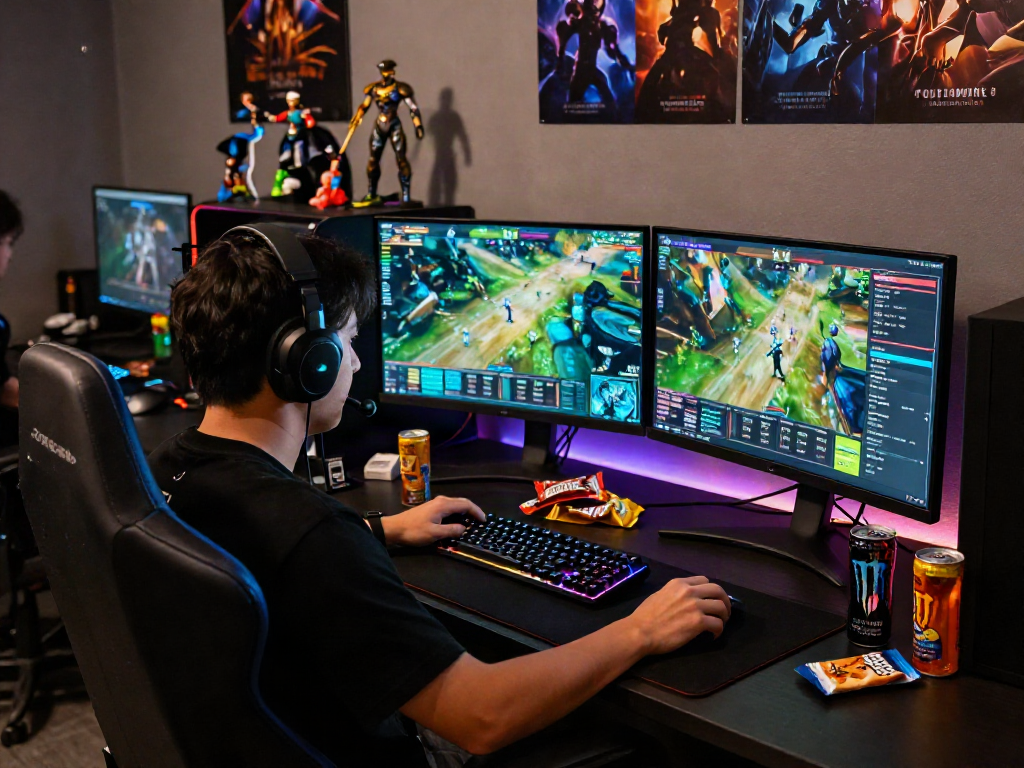 Gamer immersed in rokok88 link action with dual monitors and snacks