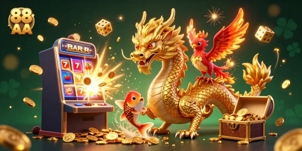Engage in exciting gameplay at 88 AA with a vibrant dragon, phoenix, and koi fish among casino treasures.