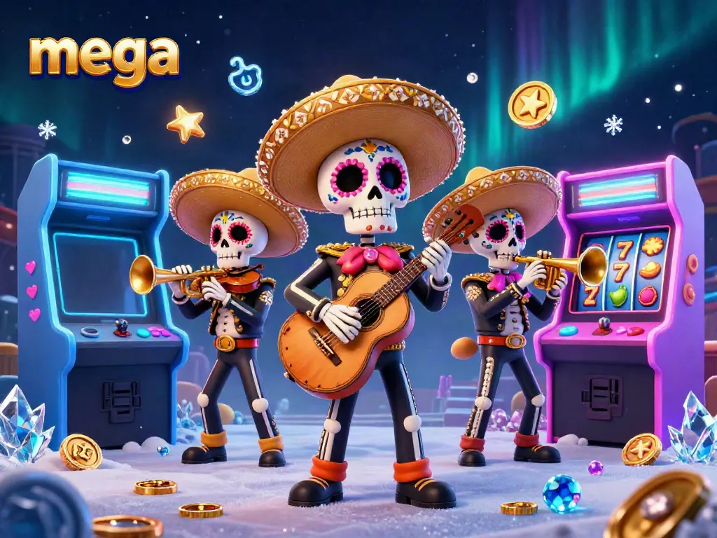 Engage with 'mega' themed casino atmosphere featuring vibrant 3D mariachi skeleton band surrounded by slot machines.