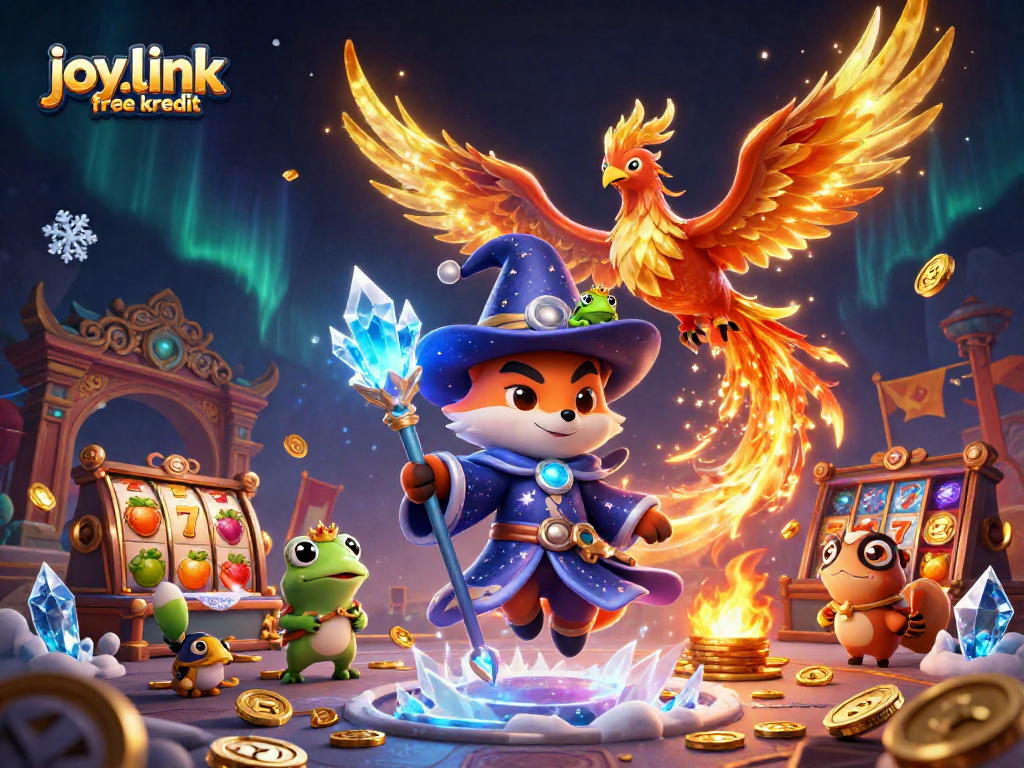Engage in the magic of joy.link free kredit with a detailed casino-themed 3D illustration featuring a wizard fox, phoenix, and gaming icons.