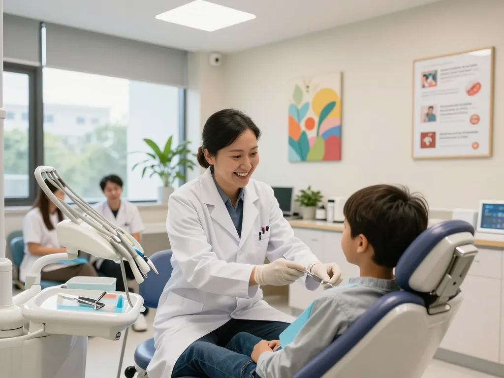 Dentist near me engaging with young patient in a friendly dental clinic, showcasing comfort and care.