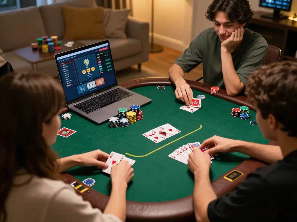 RR88 players strategizing in an exciting online poker game with vibrant chips and cards in focus