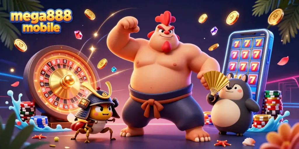 Win big with mega888 mobile featuring vibrant characters and dynamic casino elements.