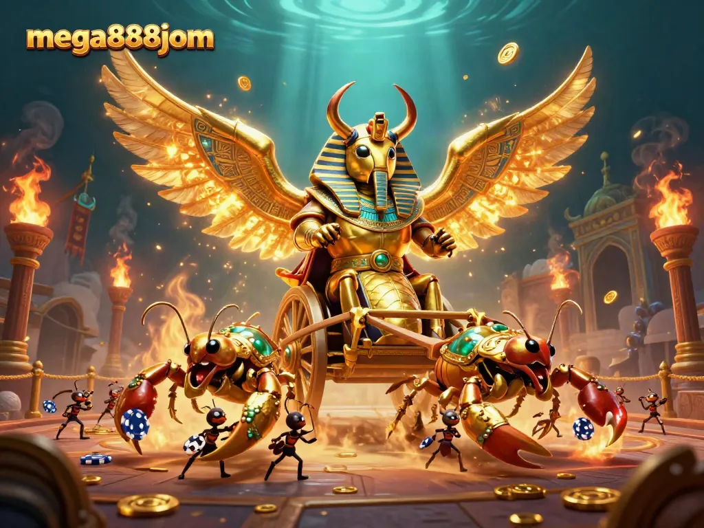 Experience mega888jom with this dynamic 3D illustration of a majestic scarab beetle and gaming elements.