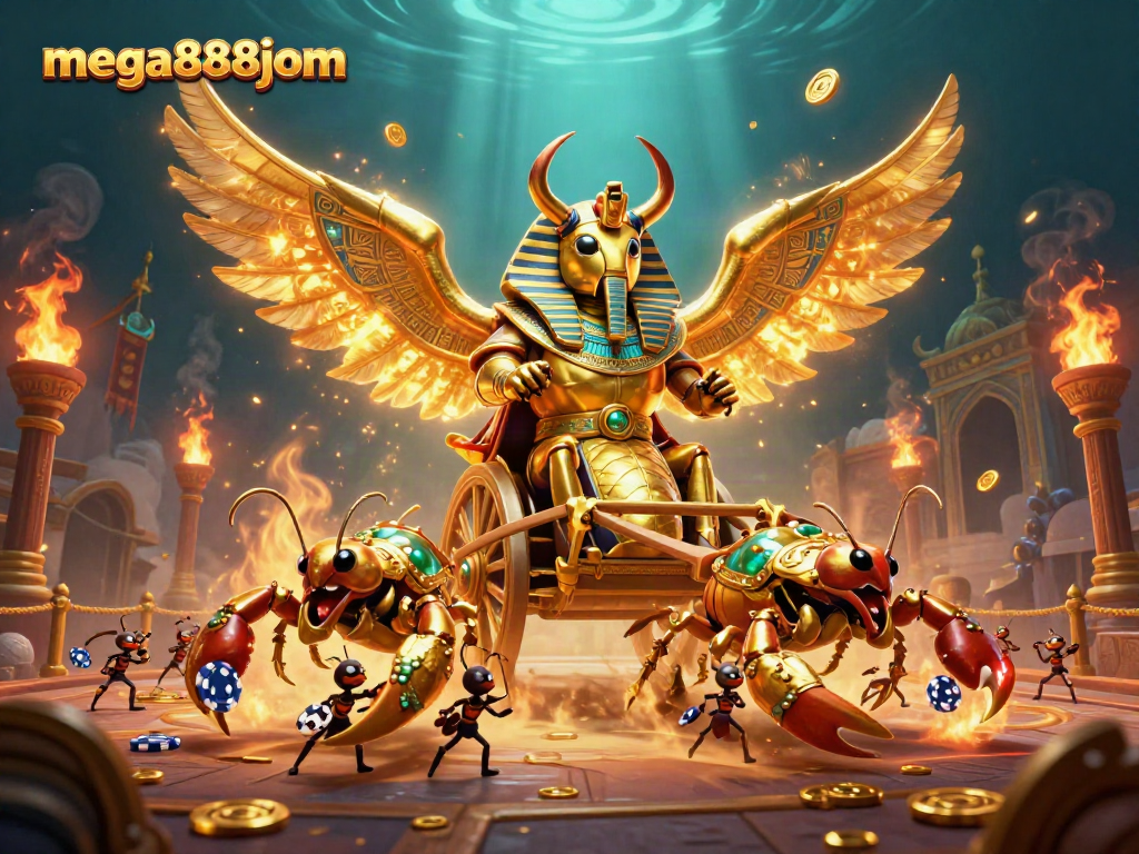 Experience mega888jom with this dynamic 3D illustration of a majestic scarab beetle and gaming elements.