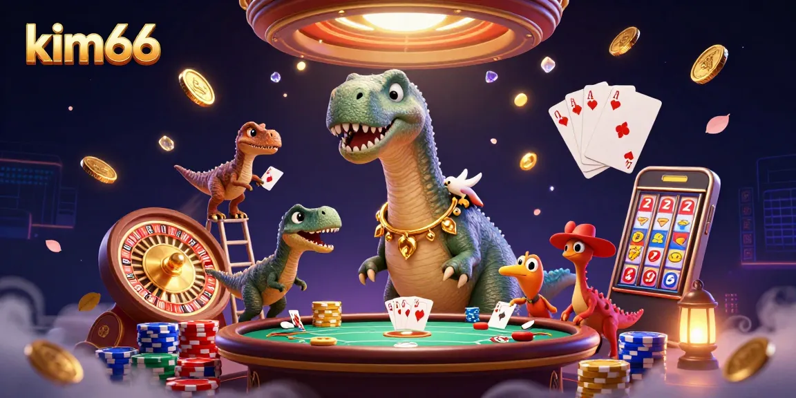 Experience thrilling moments at kim66 casino with a giant dinosaur and a clever raptor dealing cards.