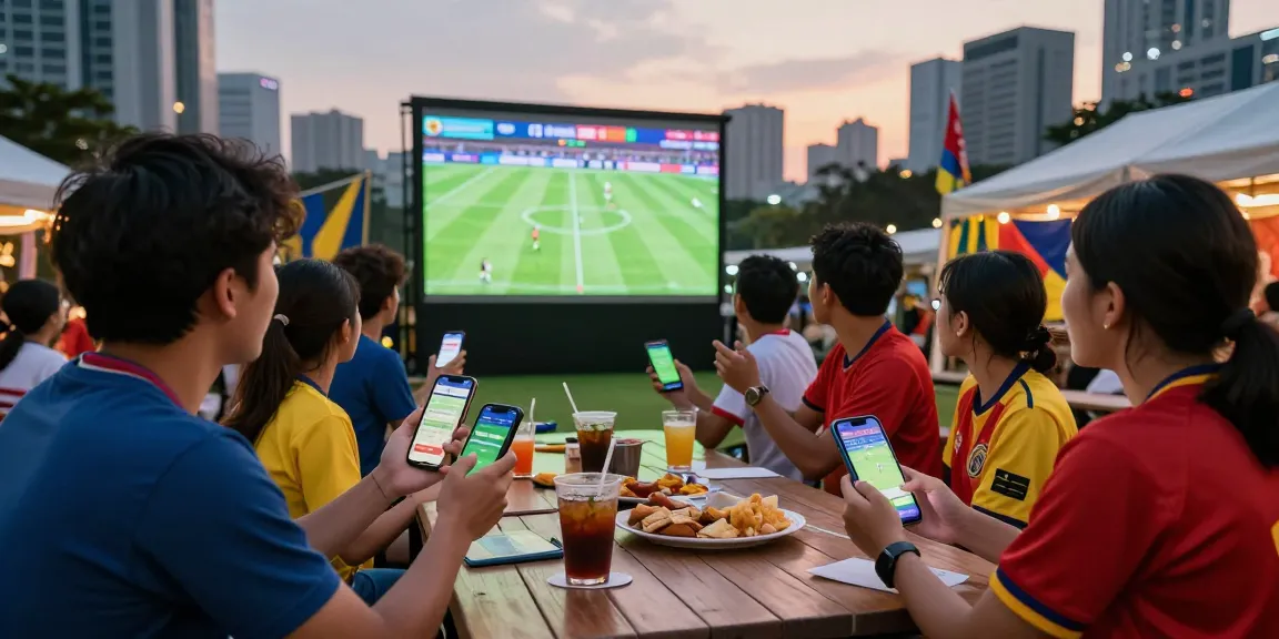 Exciting football betting Malaysia scene with friends watching a game outdoors, showcasing mobile betting apps and vibrant atmosphere.