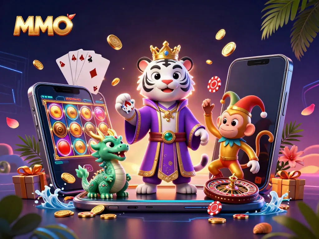 Experience the action of MMOO with a vibrant 3D illustration of casino characters and games.