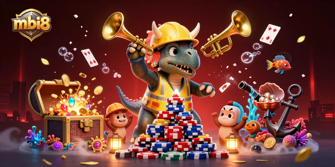Cheerful 3D illustration with mbi8 branding showcasing a fantastical casino scene full of vibrant characters and elements.