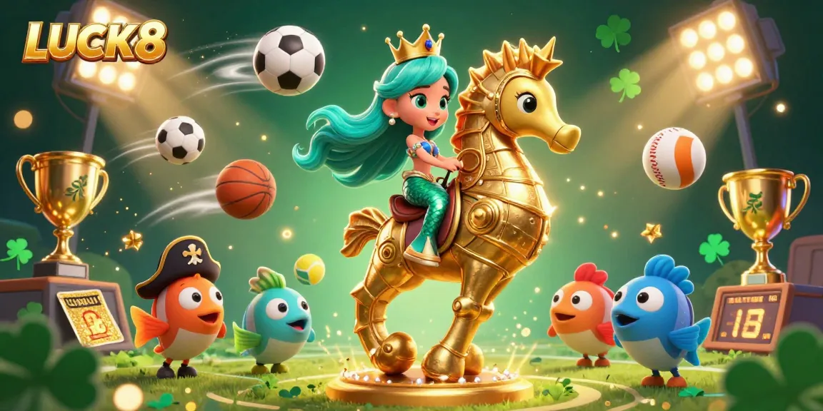 Experience LUCK8's thrilling atmosphere with vibrant mermaid and seahorse in a dynamic casino scene.