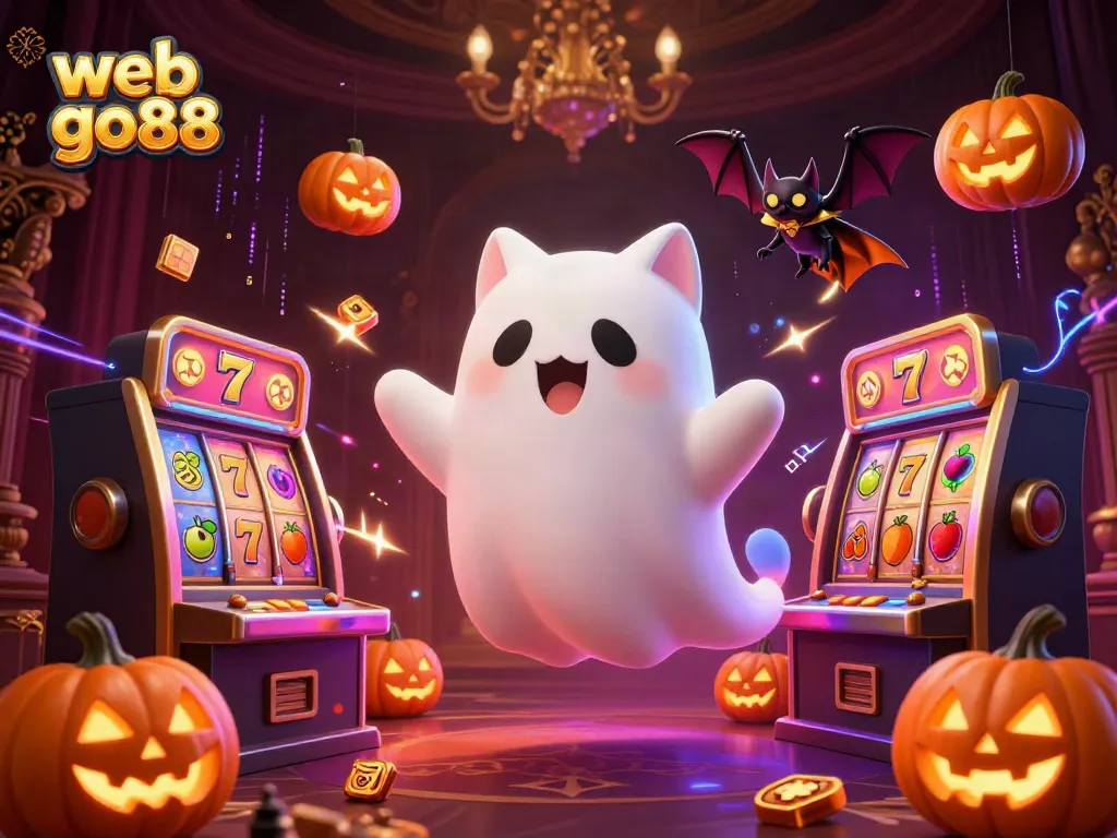 Experience thrilling games at web go88 with a ghost cat and bat in a haunted casino atmosphere.