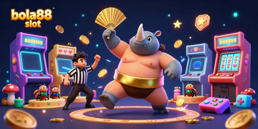 Experience the excitement of bola88 slot with a dynamic 3D scene featuring a sumo beetle champion and colorful gaming elements.