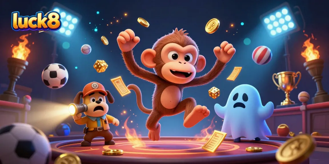 Experience luck8 with a mischievous poltergeist monkey juggling golden items in a dynamic casino scene.