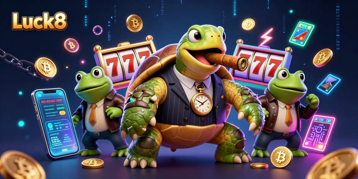 Luck8 showcases a vibrant casino scene with a snapping turtle in a pinstripe suit and crypto gaming elements.