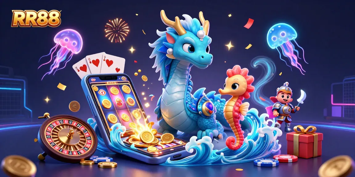 Experience thrilling gaming at RR88 with vibrant casino characters and dynamic elements exploding into action.