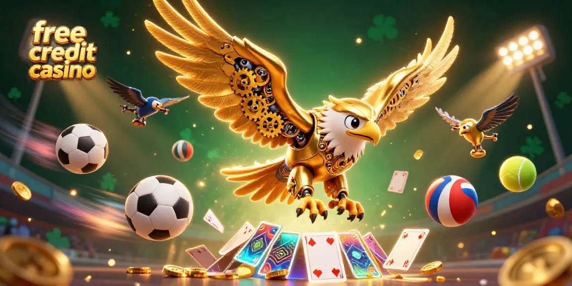 Experience excitement with free credit casino showcasing a golden eagle diving through holographic cards.
