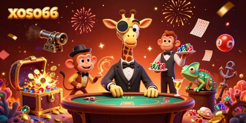 Experience xoso66's vibrant online gaming scene with a high-roller giraffe and exciting casino elements.