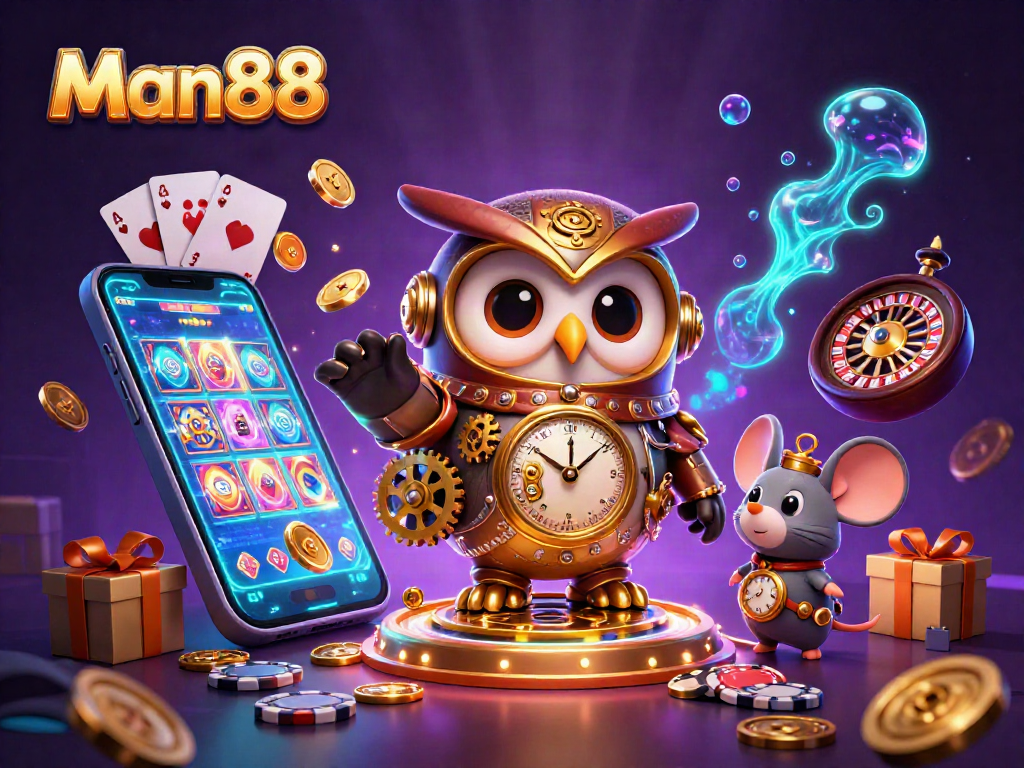 Engage with thrilling games at Man88 with a vibrant 3D illustration showcasing fun casino elements.
